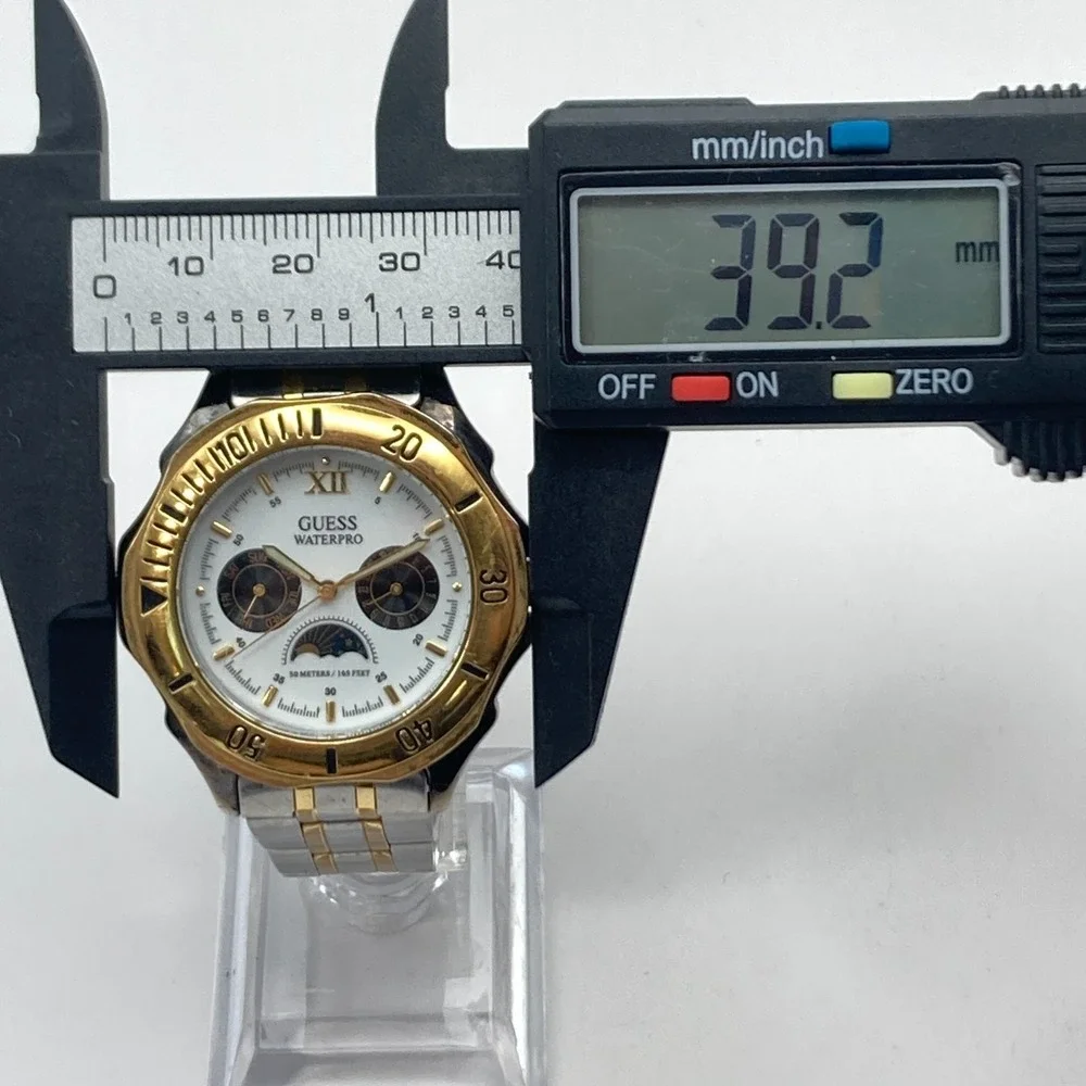 Guess Waterpro Men's Watch Sun Moon 39mm Gold Silver Tone Day Date New Battery
